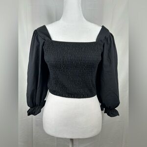 Black Puff Balloon Sleeve Smocked Crop Top Size Small